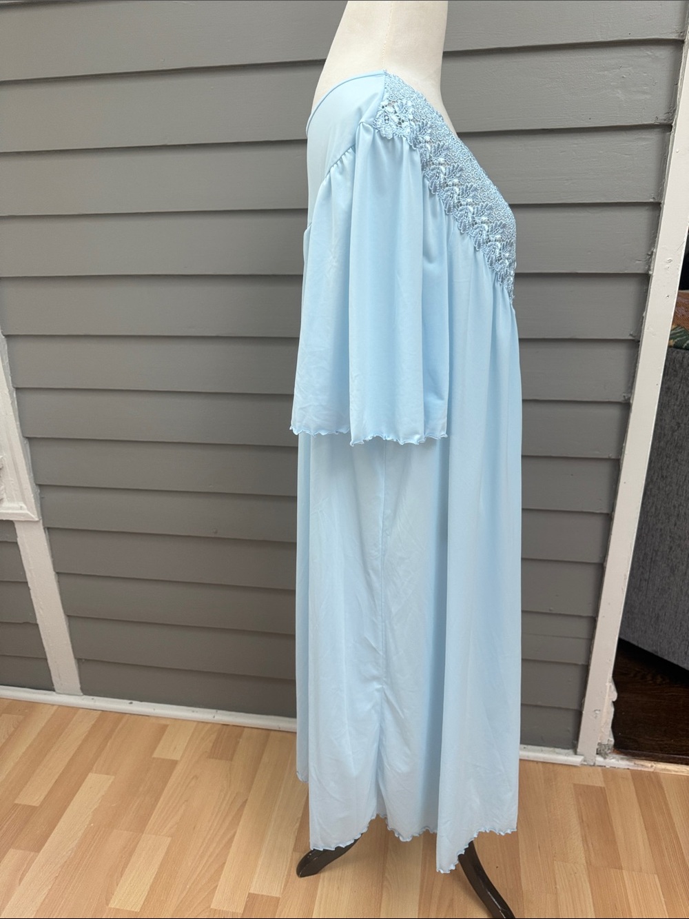 Shadowline Beloved Flutter Sleeve Light Blue Lace Babydoll Nylon Nightgown 3X - Picture 7 of 8